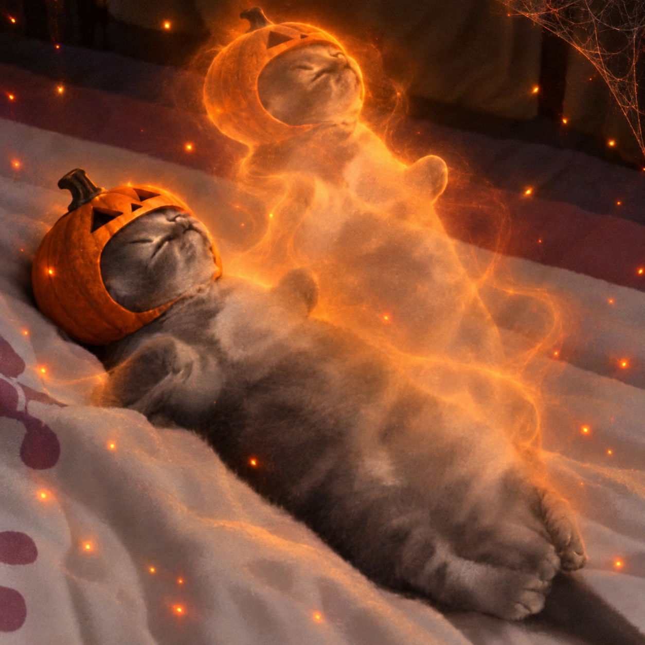A sleepy grey cat in a pumpkin hood, surrounded by a glowing fiery spirit